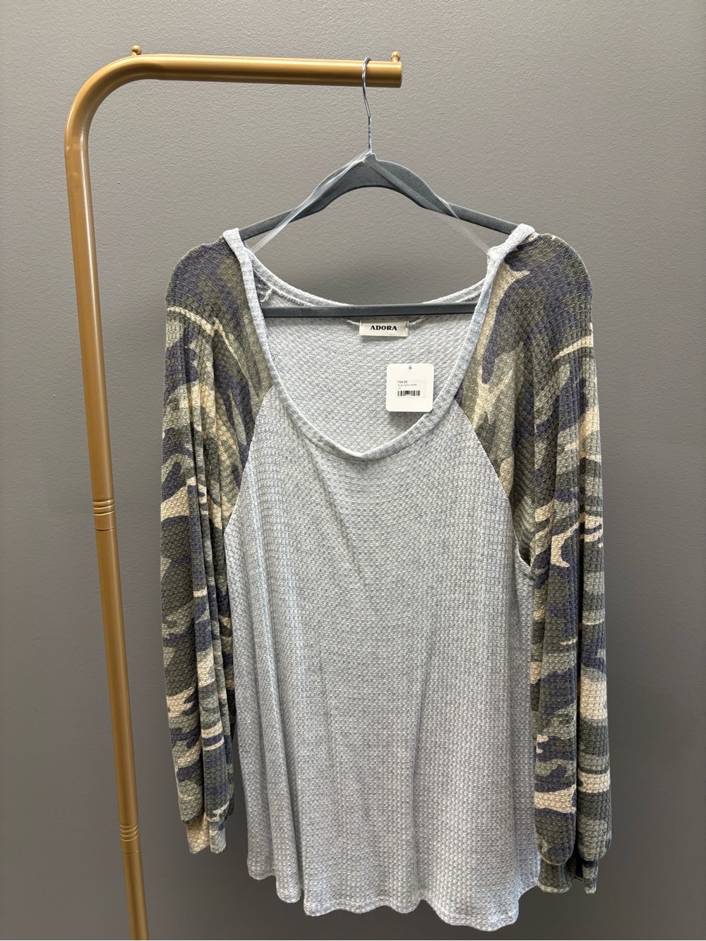 ADORA Light Gray Waffle Knit Top with Camo Raglan Sleeves